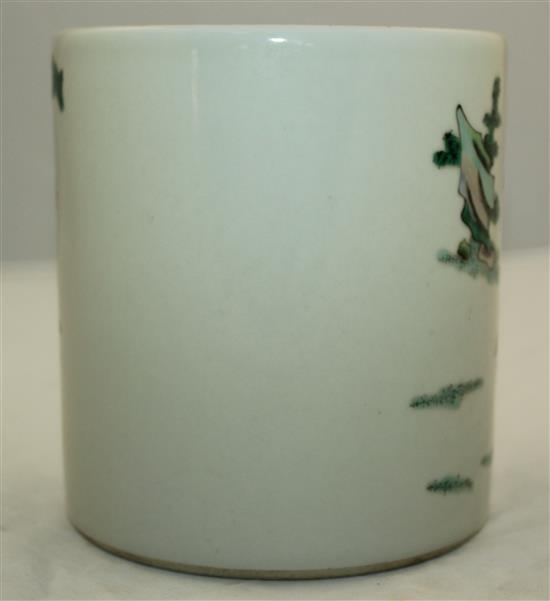 A Chinese famille verte brush pot, Kangxi mark but later, 14cm